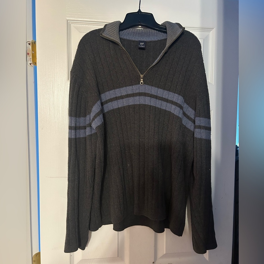 GAP Men's Charcoal Grey Quarter-Zip Sweater Pullover with Blue Stripes